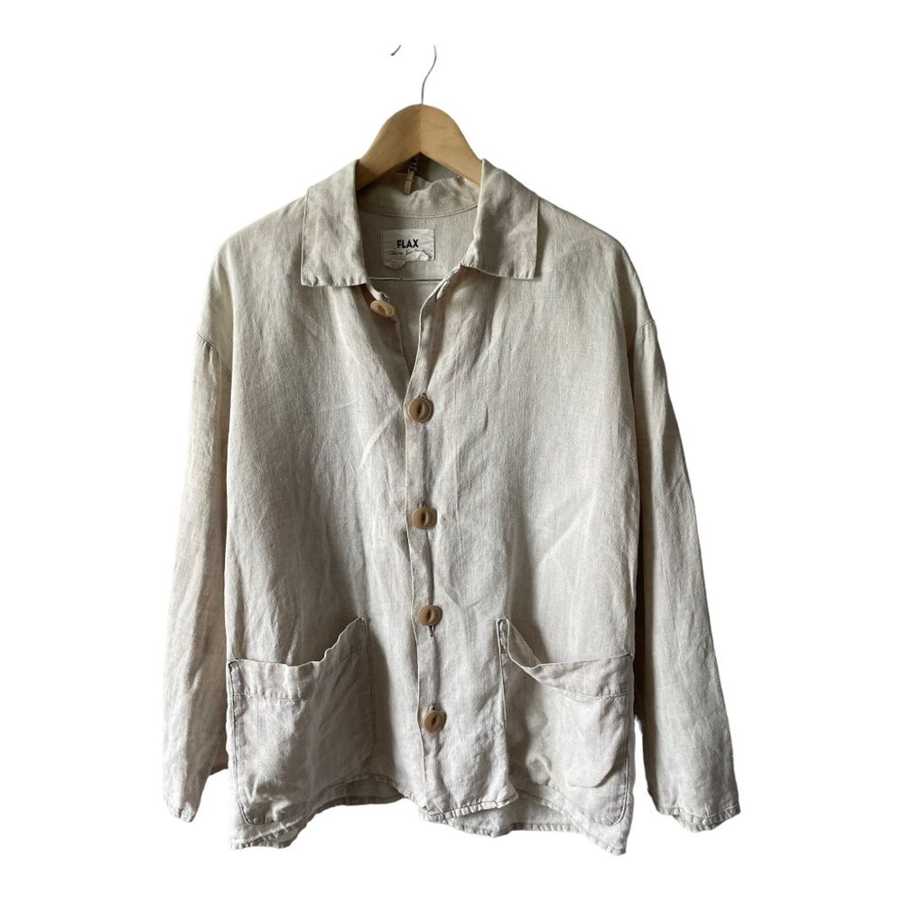 FLAX Linen Chore Coat Jacket Tan Color Size Small Oversized